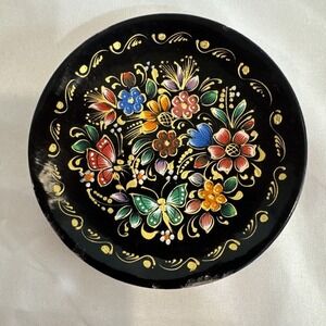 Miniature‎ Natural Arts Hand Painted Wood Oil 24k Gold Floral Butterfly 3"